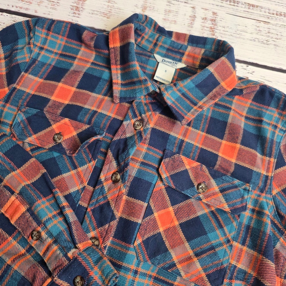 Duluth Trading Co Womens Small Navy Orange Plaid Folklore Flannel Button Down